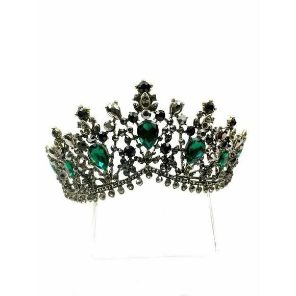 Green Black Rhinestone Bronze Tone Metal Tiara Crown Elegant Bridal Prom NEW - Picture 7 of 10